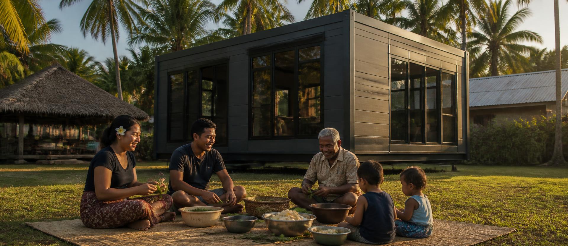 A dark charcoal expandable home on a grass clearing in a Pacific Island village with an extended family seated on woven mats preparing food together