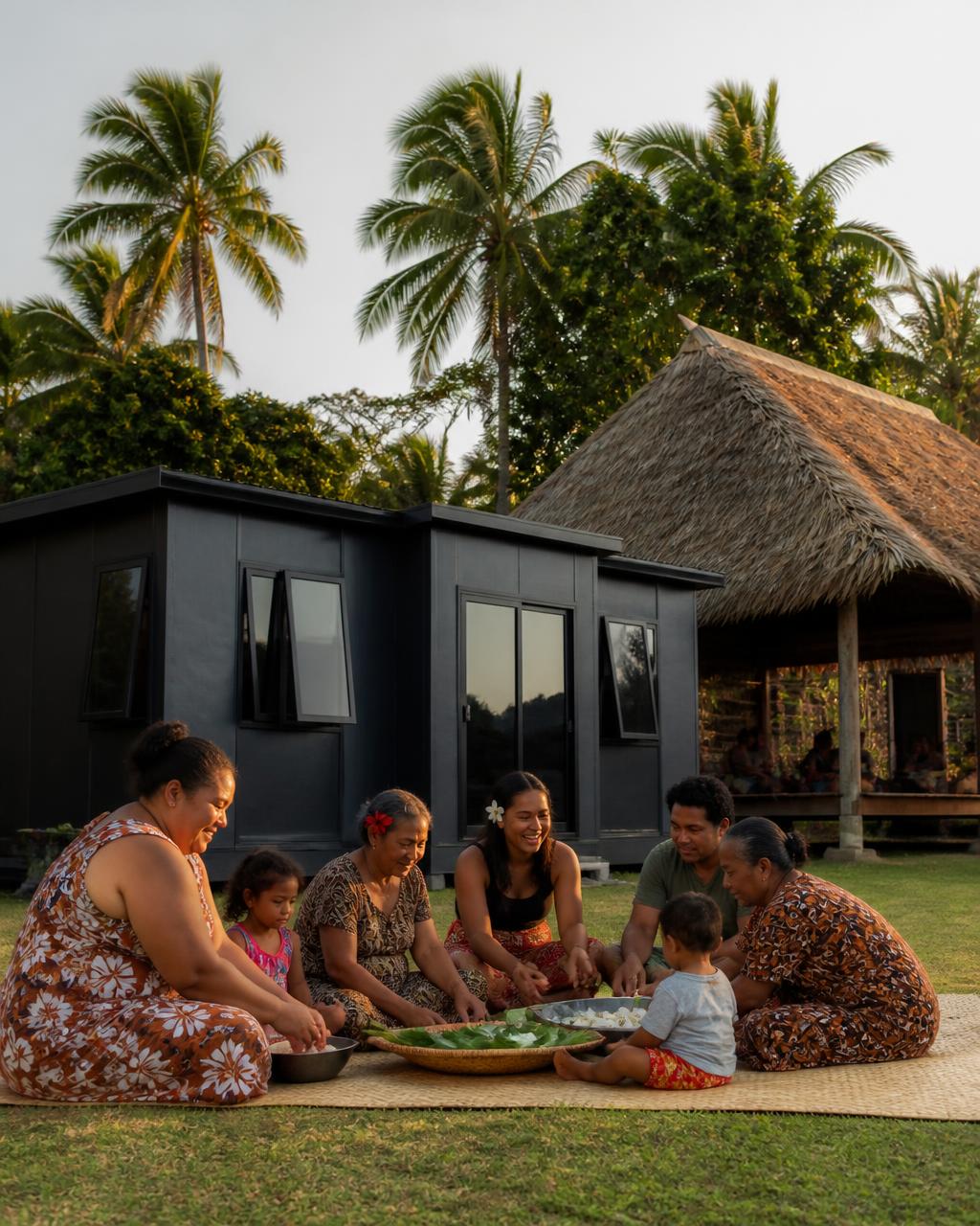 A dark charcoal expandable home on a grass clearing in a Pacific Island village with an extended family seated on woven mats preparing food together
