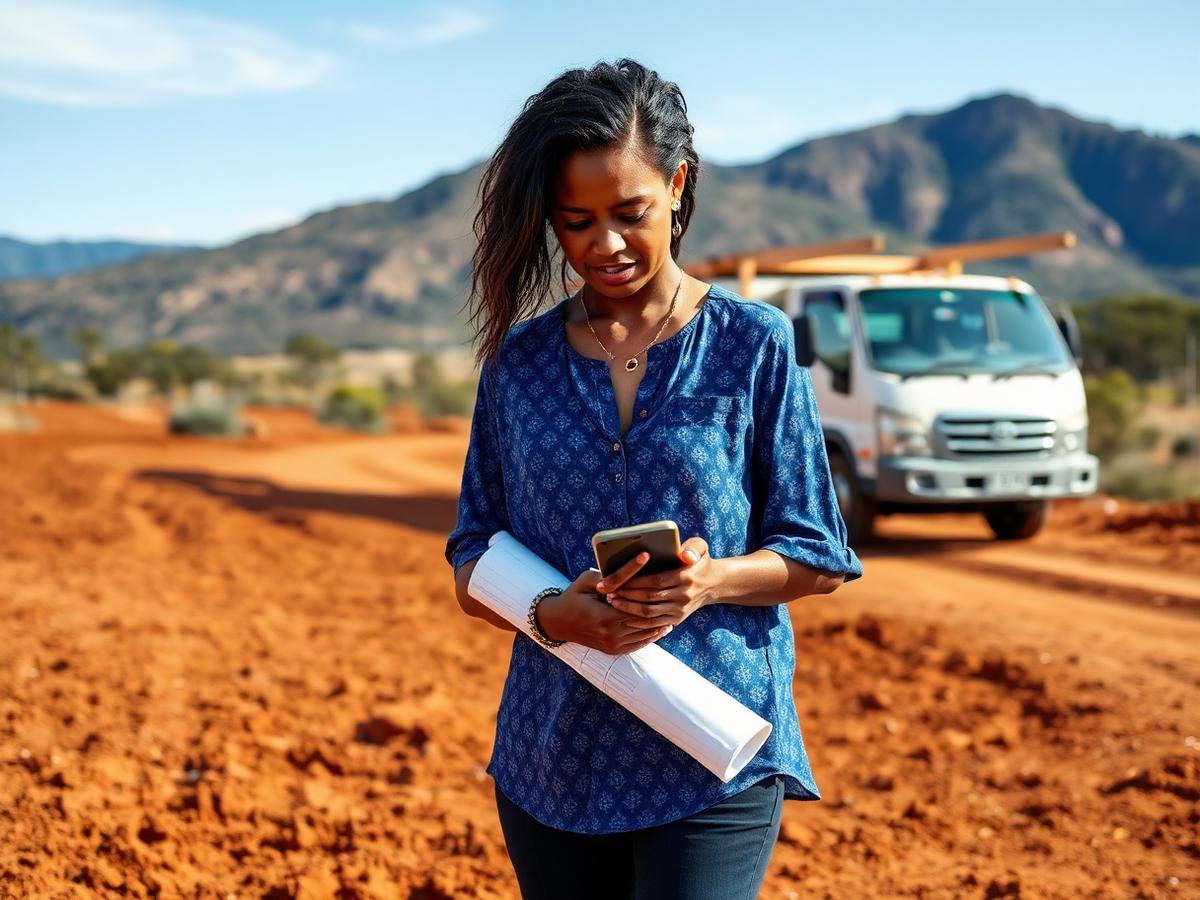 A Pacific Island woman in a blue patterned blouse standing alone on a cleared red-dirt building site, looking at her phone with rolled building plans under her arm