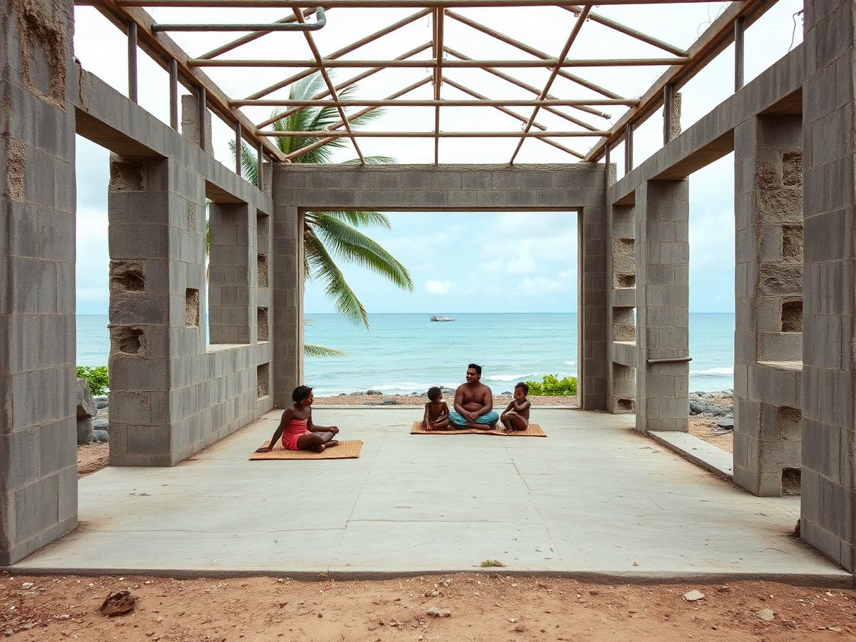 An abandoned unfinished concrete-block house frame on a coastal site with a family sitting on woven mats on the bare slab inside