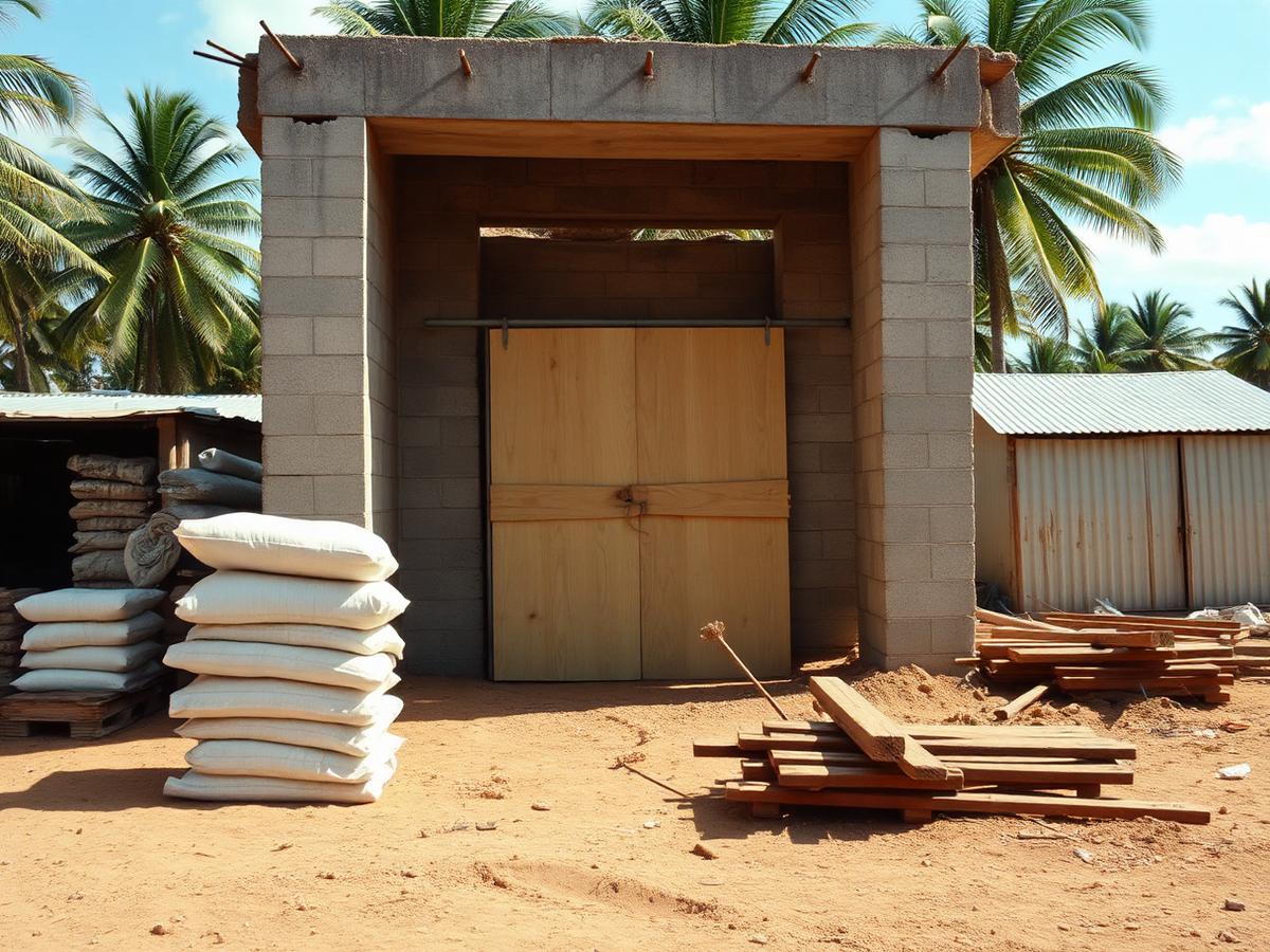 A half-built concrete-block structure with a padlocked plywood door, stacked cement bags and timber offcuts on bare dirt, palms behind
