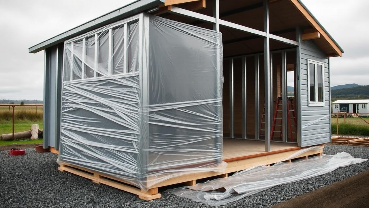 An imported flat-pack cabin partly unwrapped on a rural New Zealand site