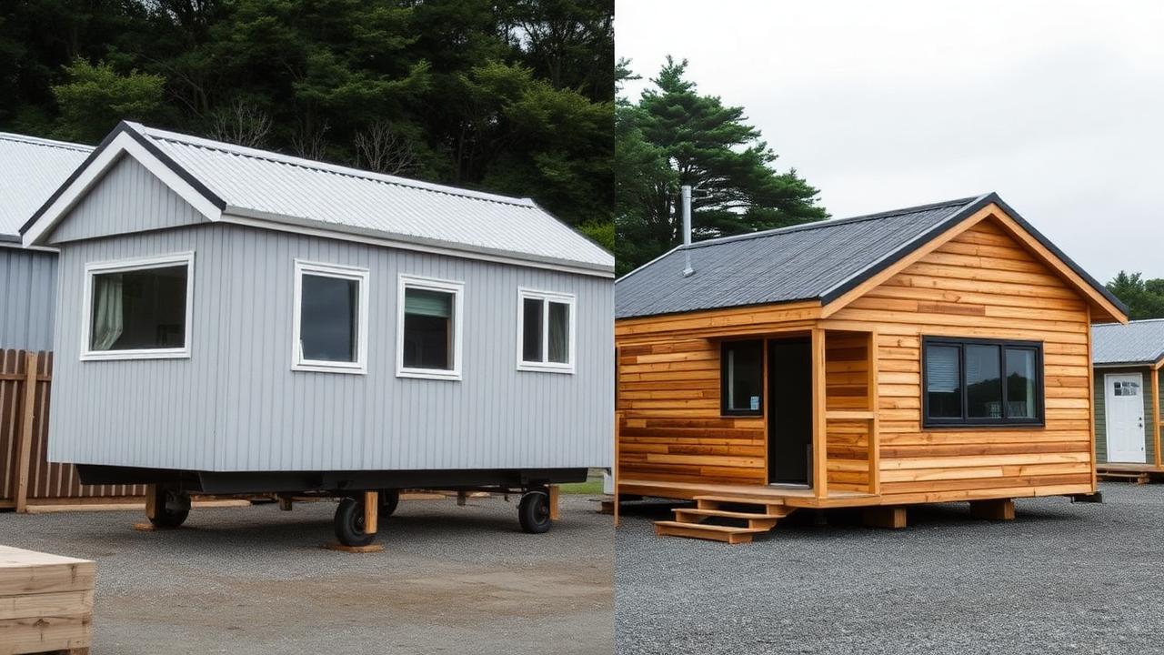 An imported cabin on bearers beside a locally built timber-clad tiny home