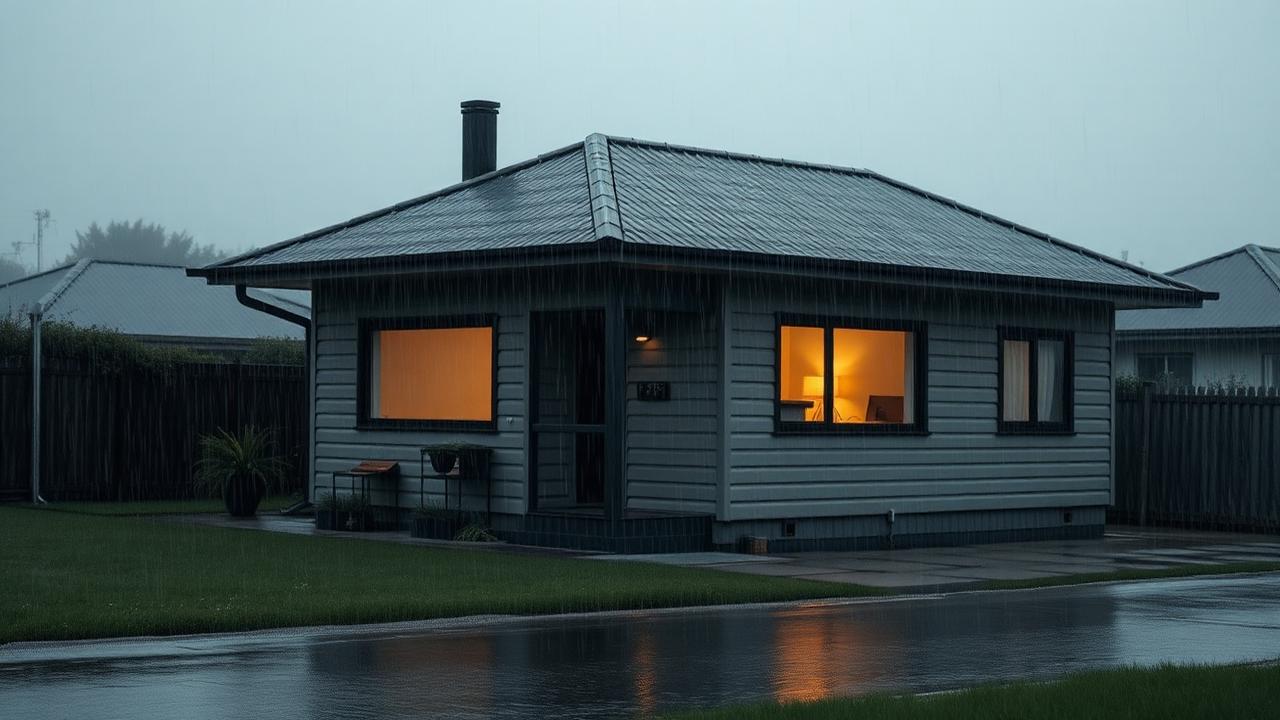 A small home weathering heavy rain on a New Zealand section, windows glowing warm