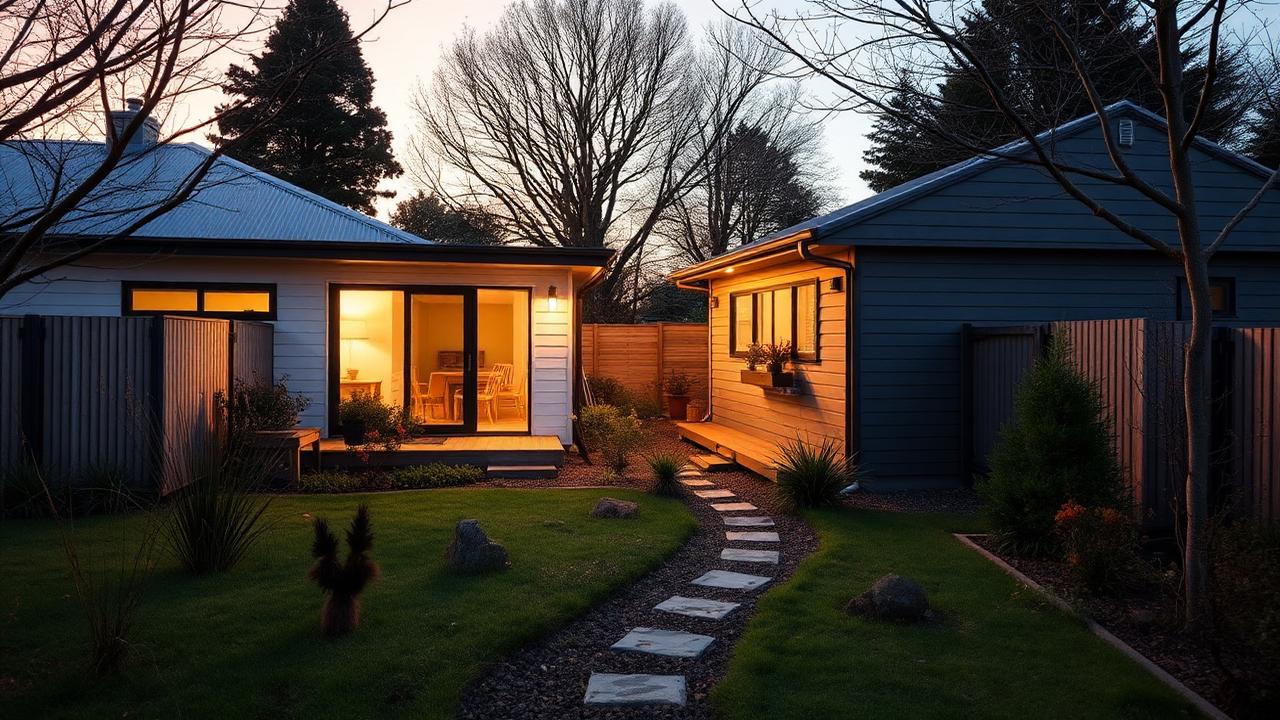 A small secondary dwelling lit at dusk in the backyard of a Kiwi family home