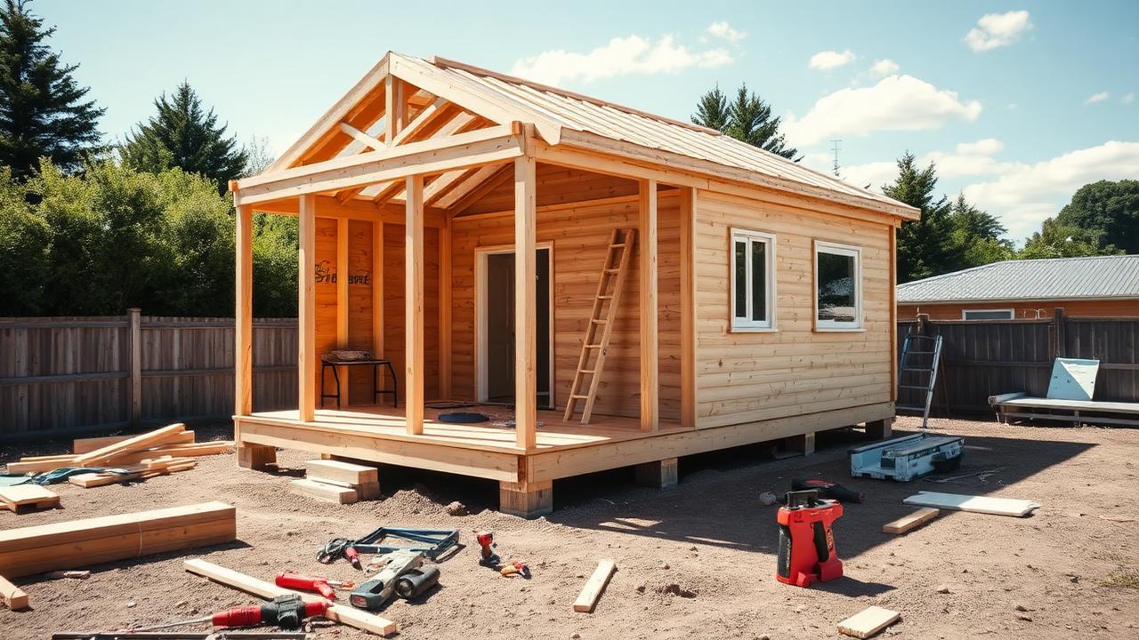 A kitset tiny home partway through DIY assembly on a sunny New Zealand section