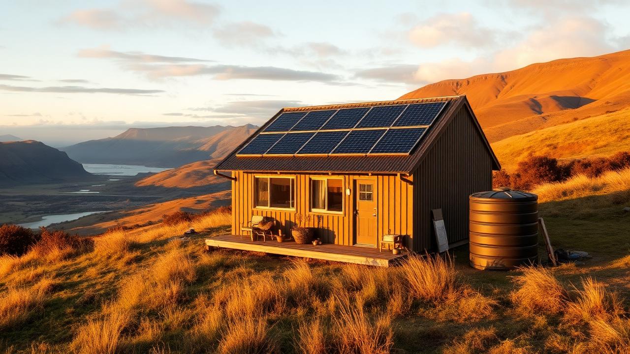 A self-sufficient off-grid small home with solar panels and a water tank on a New Zealand hillside