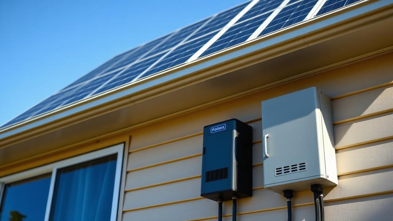Roof solar panels above a battery and inverter cabinet on the exterior wall of a small home