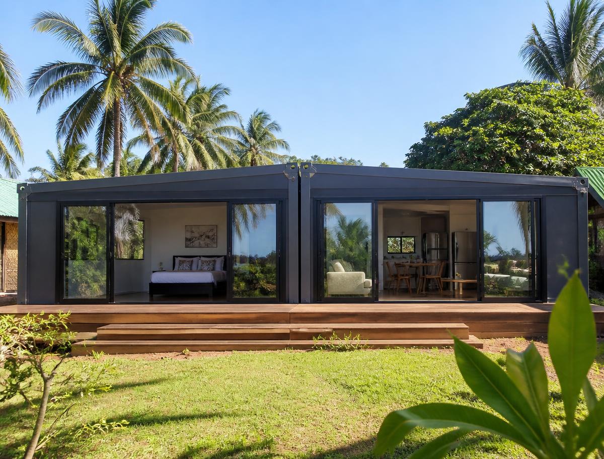 Two joined dark prefab modules forming a large guesthouse with glass sliders and a timber deck under palms