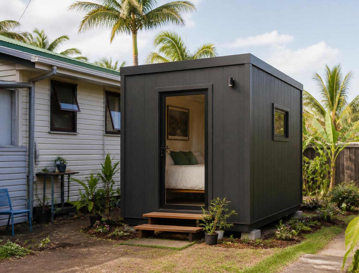 Compact dark prefab sleepout beside an older family house with palms behind