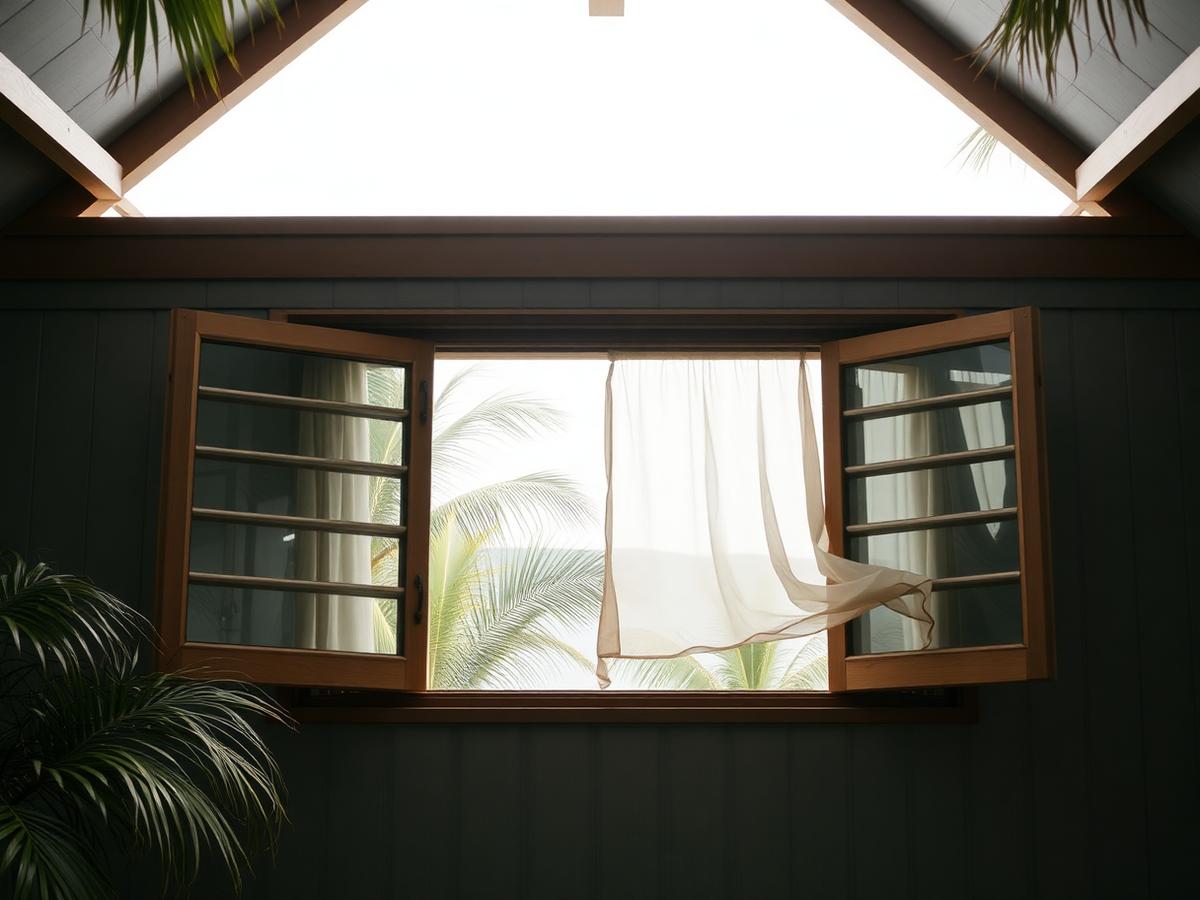 Louvre window swung wide open with a curtain lifting in the breeze, palms outside