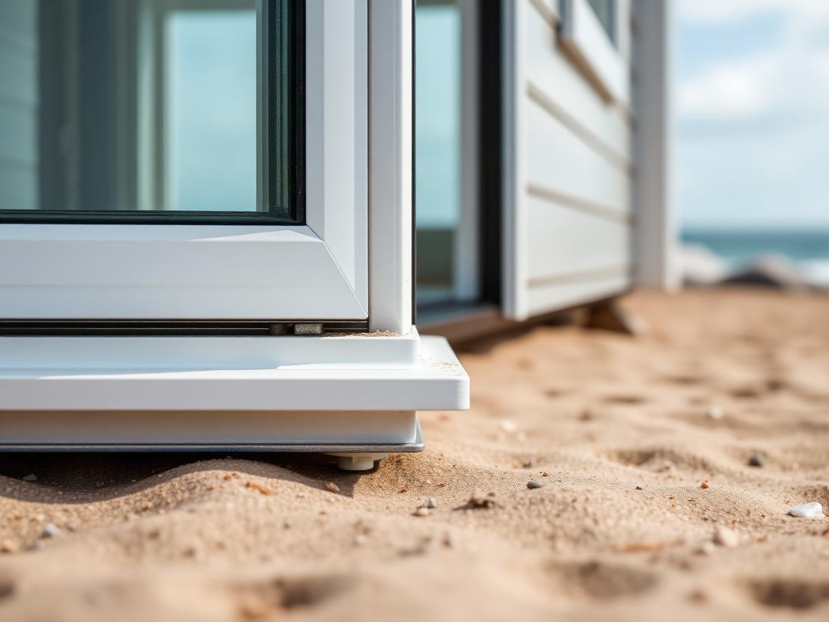 Base of a white powder-coated aluminium door frame on sandy coastal ground