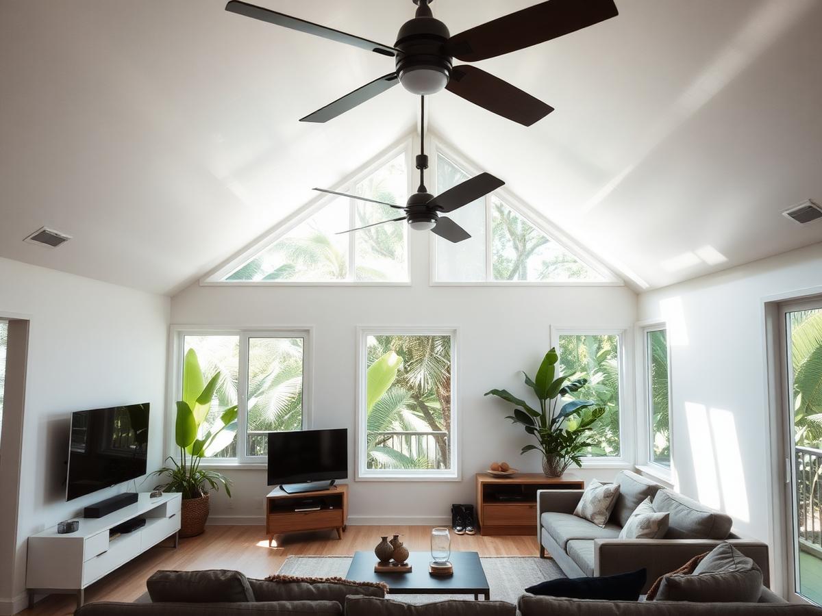 Open-plan living room with high ceilings and two ceiling fans overhead