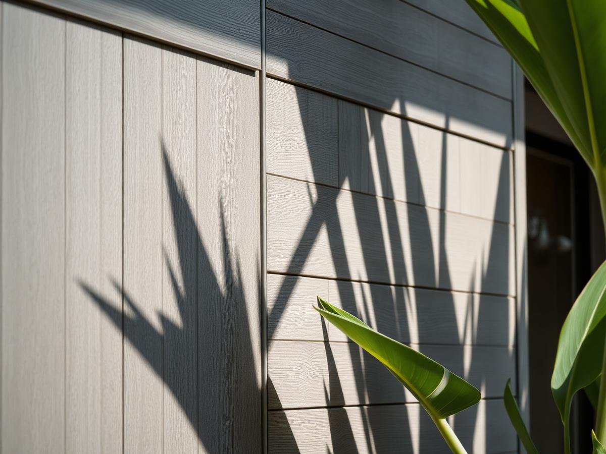 Grey and pale woodgrain composite cladding with palm shadows across it