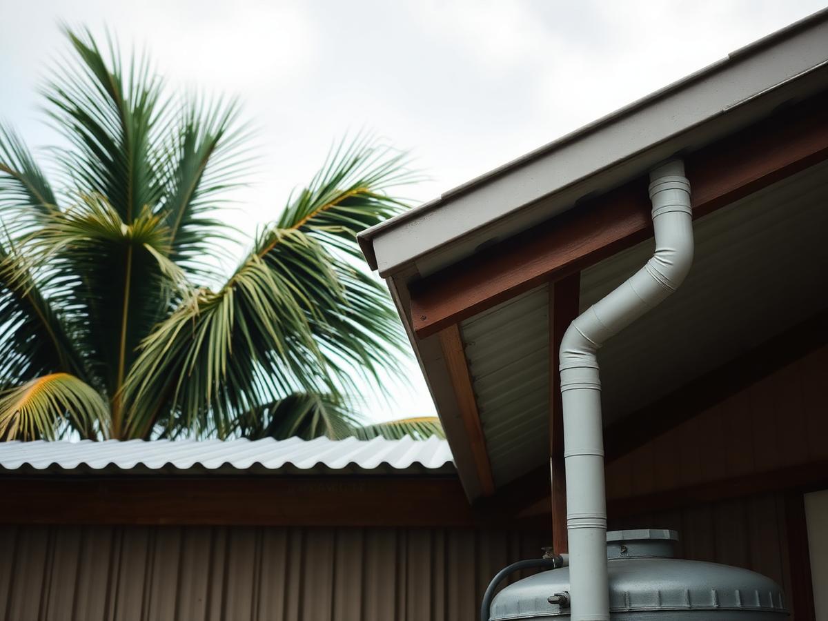 Roof overhang with a gutter and downpipe feeding a rainwater tank