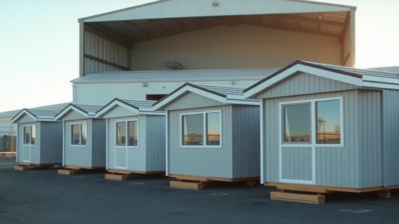Modular home units lined up outside a prefab manufacturing yard