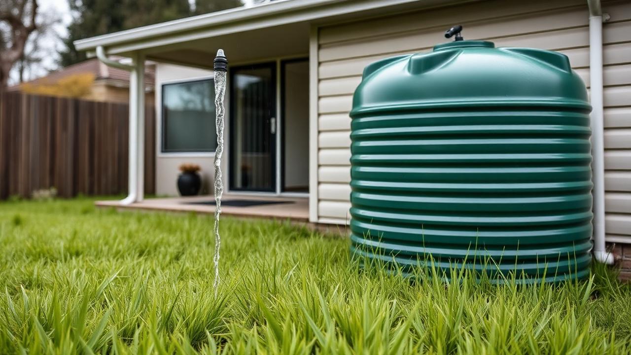 A rainwater downpipe feeding a green water tank beside a small New Zealand home