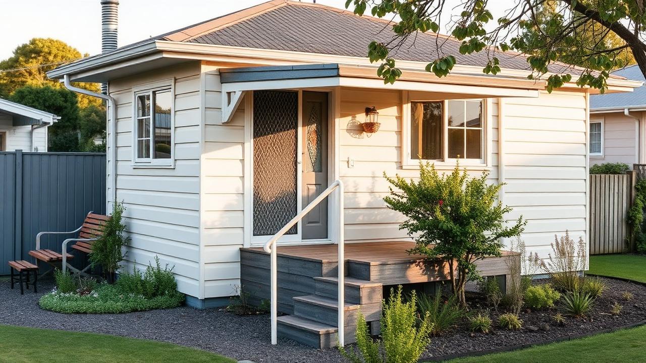 A tidy compact single-level home with a handrail and low-maintenance garden