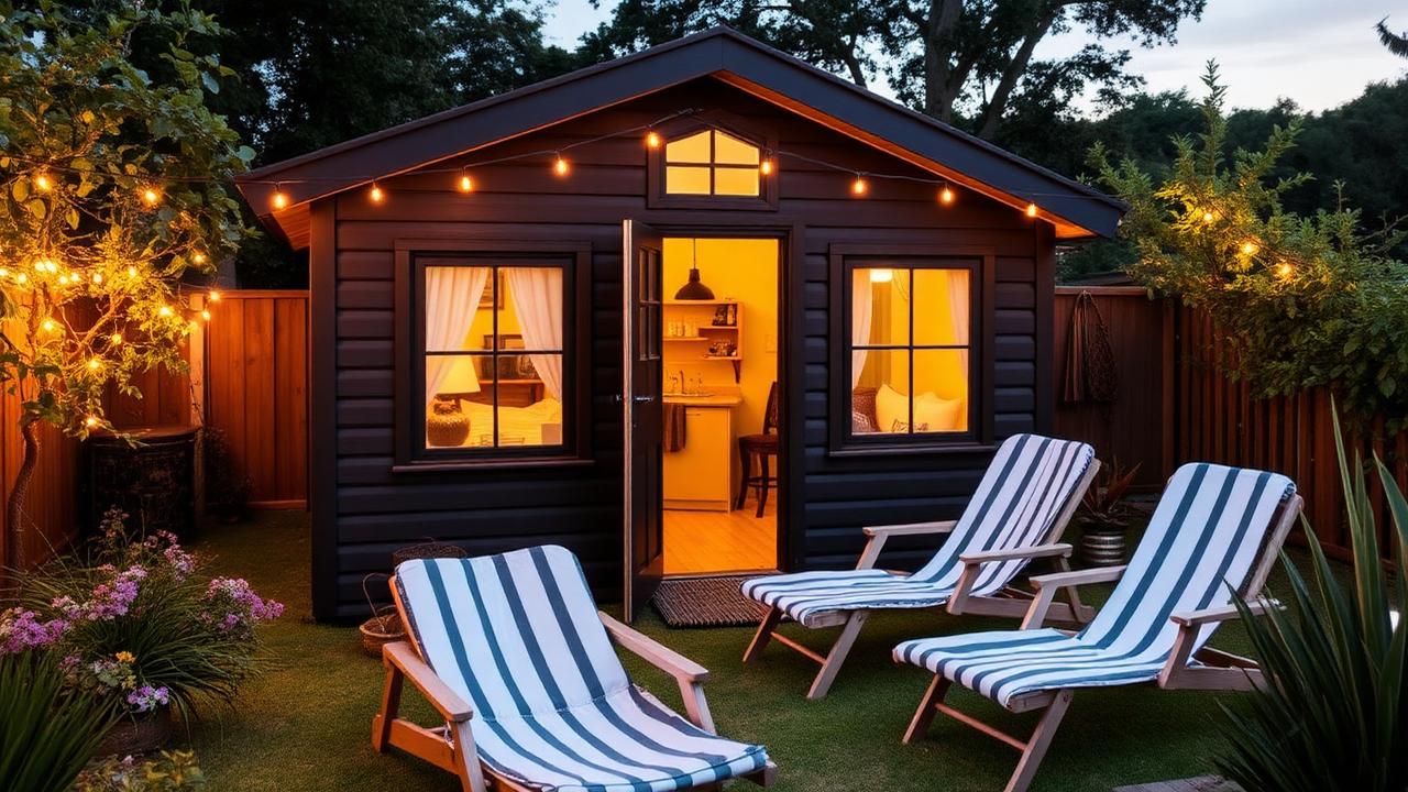 A stylish guest cabin lit at dusk with string lights and deck chairs in a garden