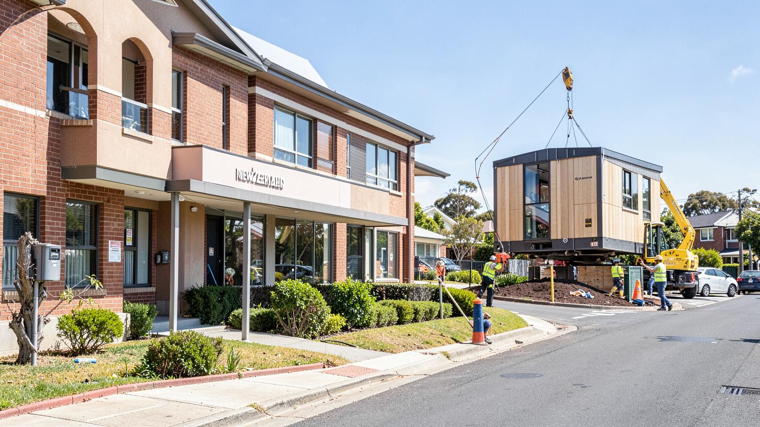 A modern compact prefab home being craned onto a suburban New Zealand section on a clear spring morning