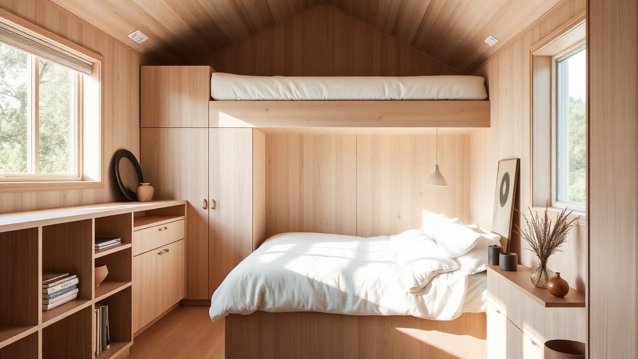 A beautifully designed small home interior with pale timber joinery and a mezzanine bed
