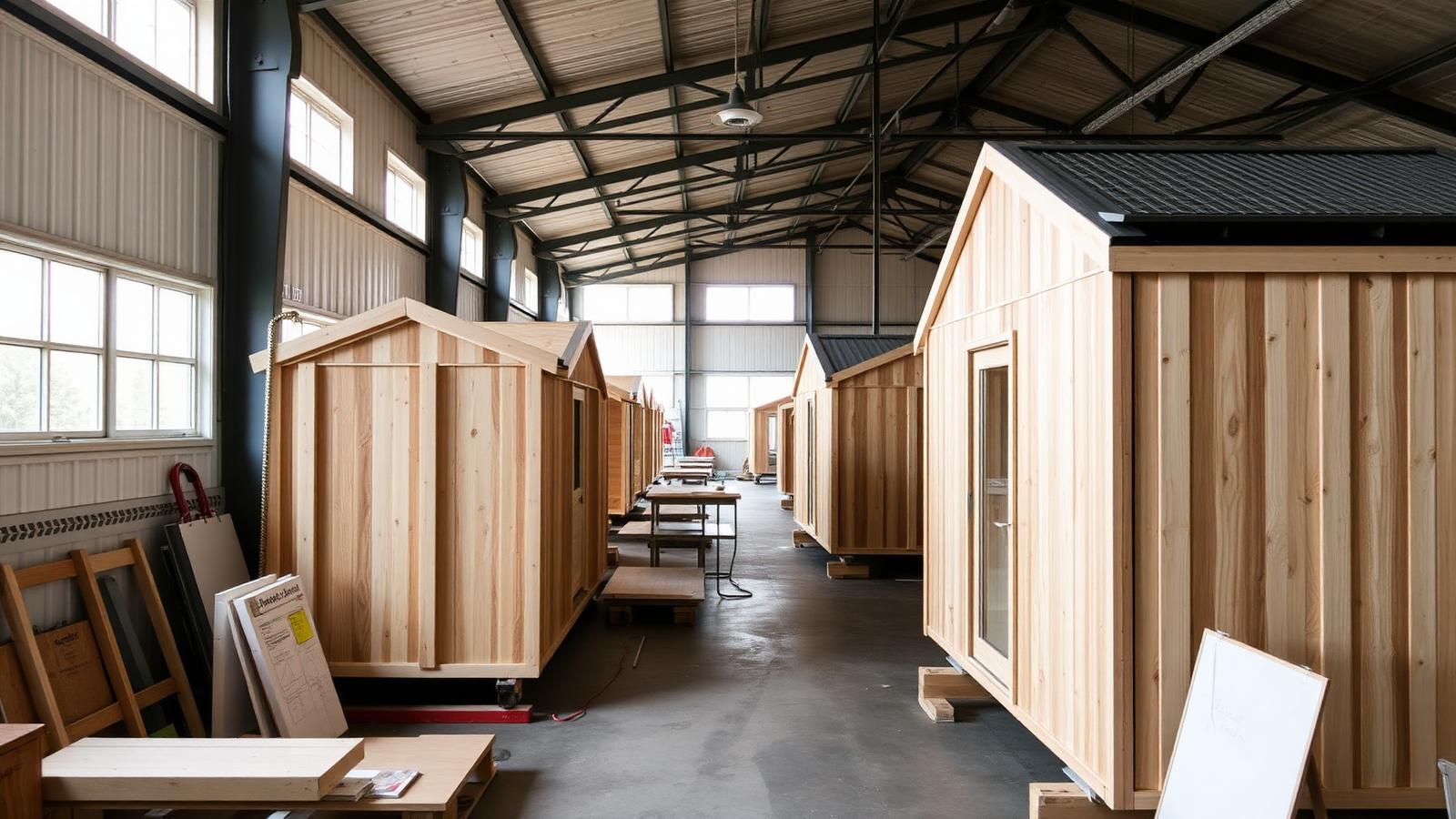 Timber-framed small home modules under construction in a New Zealand prefab workshop