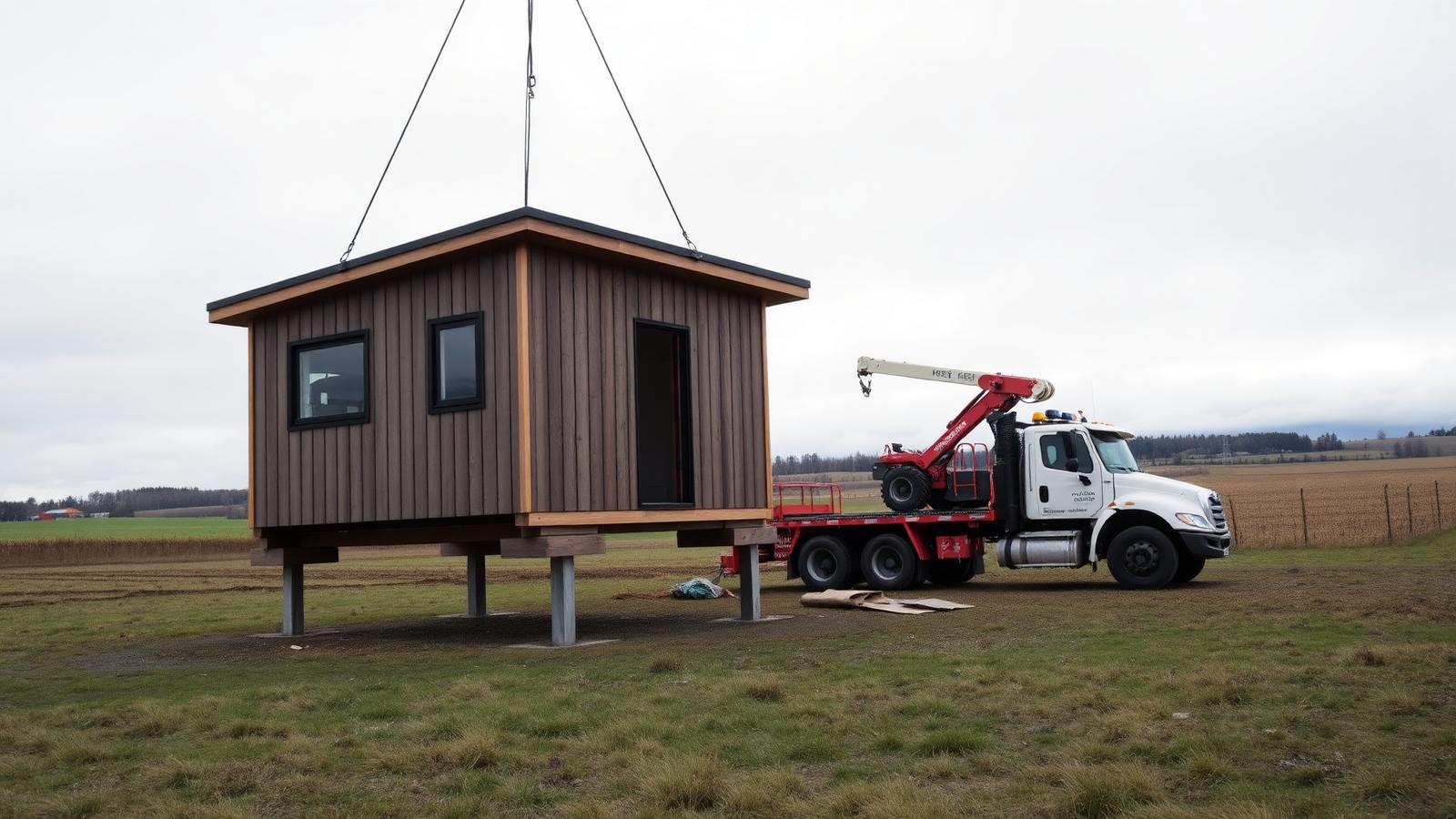 A modular tiny home being craned onto piles on a rural New Zealand site