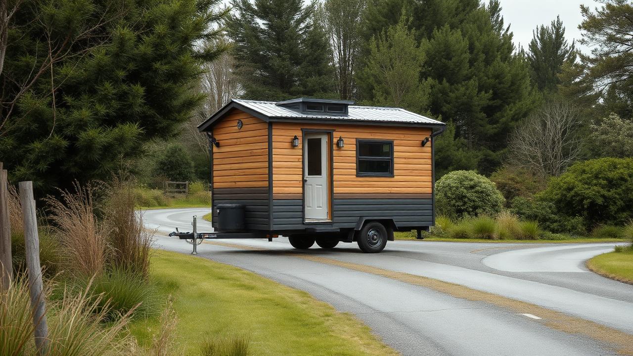A tiny home on a trailer being manoeuvred along a narrow tree-lined rural road