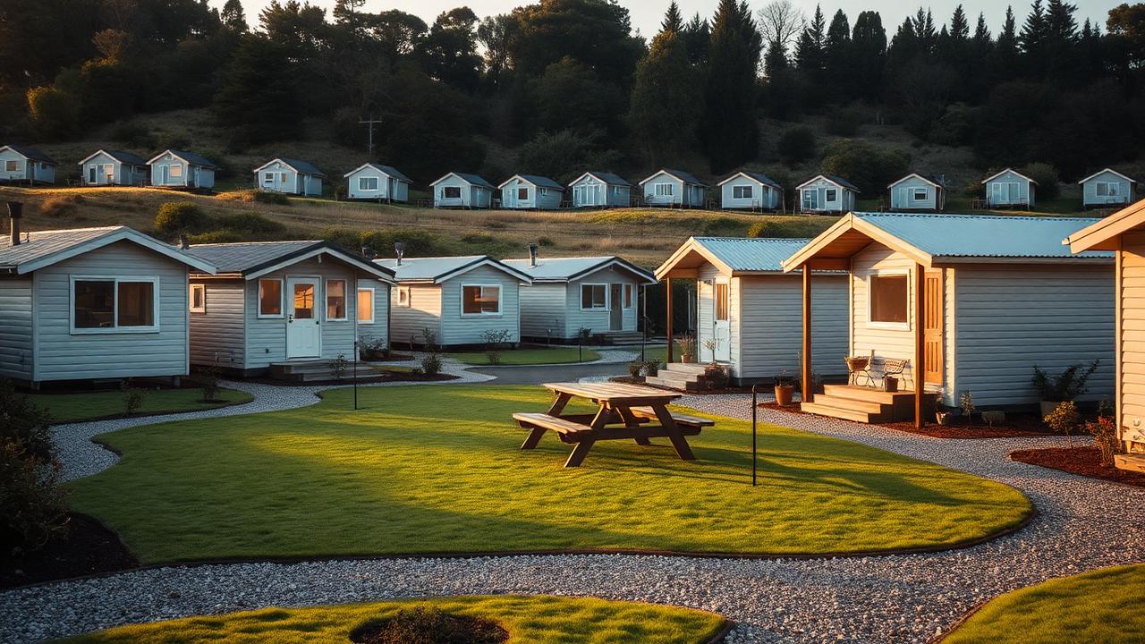A cluster of tiny homes around a shared lawn and picnic table in New Zealand