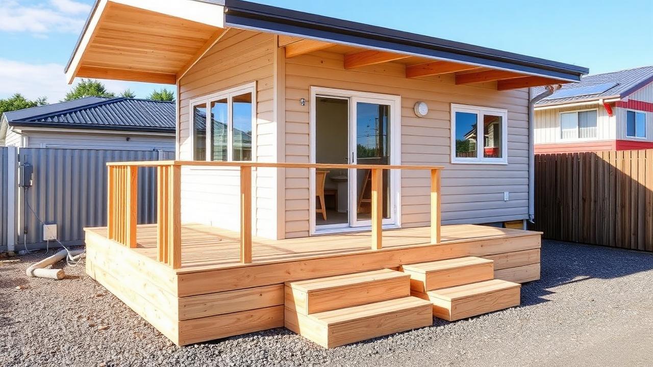 A completed turnkey tiny home with finished deck, steps and connected services